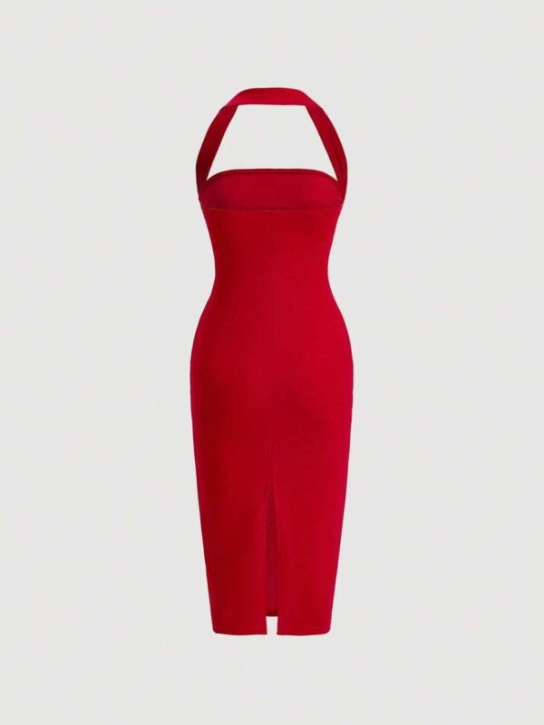 SHEIN Privé Solid Ruched Halter Neck Backless Bodycon Dress - Image 2