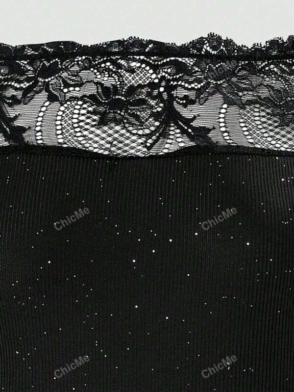 Women's Lace Splicing Silver Sprinkle Strapless Long Sleeve Bodycon Dress - Image 6