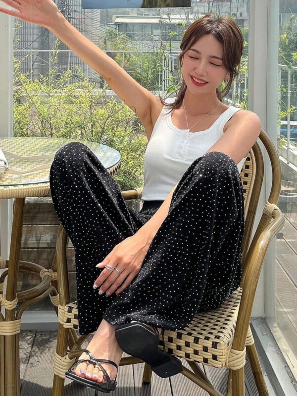 FRIFUL Women's Casual Loose Wide-Leg Trousers With Rhinestone Embellishment - Image 2