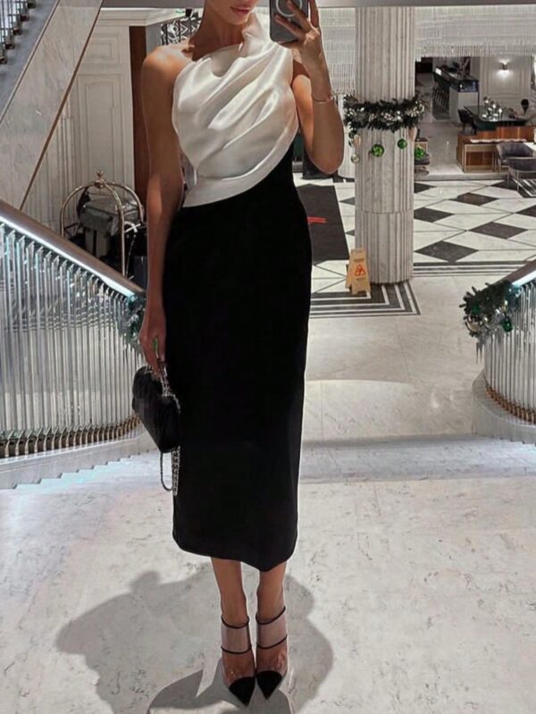 SHEIN Frenchy Elegant Women's Asymmetrical Neckline Sleeveless French Shoulder Contrast Color Dress