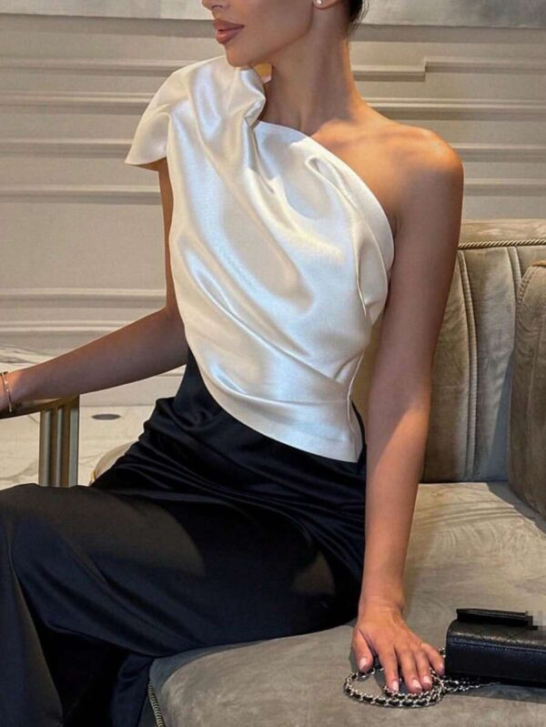 SHEIN Frenchy Elegant Women's Asymmetrical Neckline Sleeveless French Shoulder Contrast Color Dress - Image 2