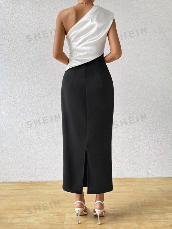 SHEIN Frenchy Elegant Women's Asymmetrical Neckline Sleeveless French Shoulder Contrast Color Dress - Image 4