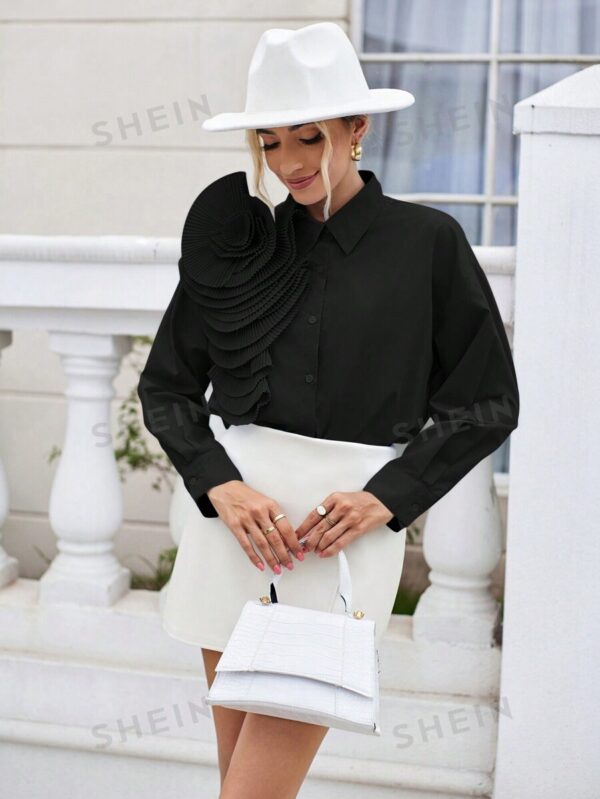 SHEIN Modichic Women's Three-dimensional Floral Solid Color Long-sleeved Shirt - Image 3
