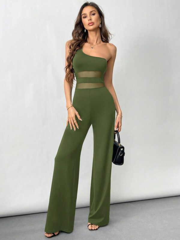 SHEIN Privé Women's Elegant Black One-Shoulder Waist Sheer Flare Jumpsuit