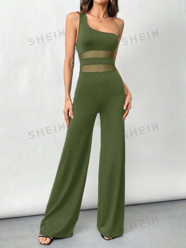 SHEIN Privé Women's Elegant Black One-Shoulder Waist Sheer Flare Jumpsuit - Image 4