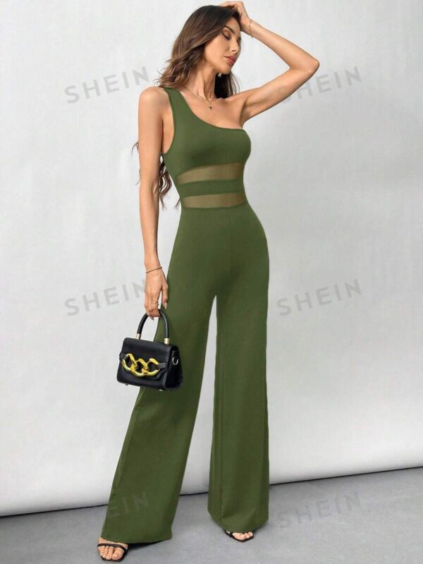 SHEIN Privé Women's Elegant Black One-Shoulder Waist Sheer Flare Jumpsuit - Image 5