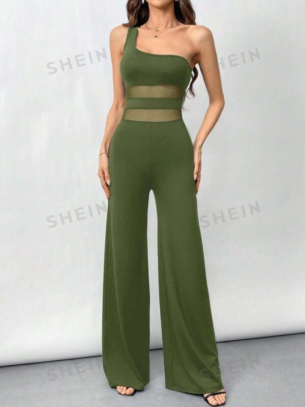 SHEIN Privé Women's Elegant Black One-Shoulder Waist Sheer Flare Jumpsuit - Image 6