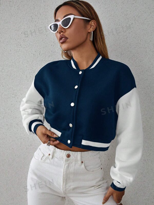 SHEIN MOOSTA Two Tone Drop Shoulder Crop Varsity Jacket - Image 3