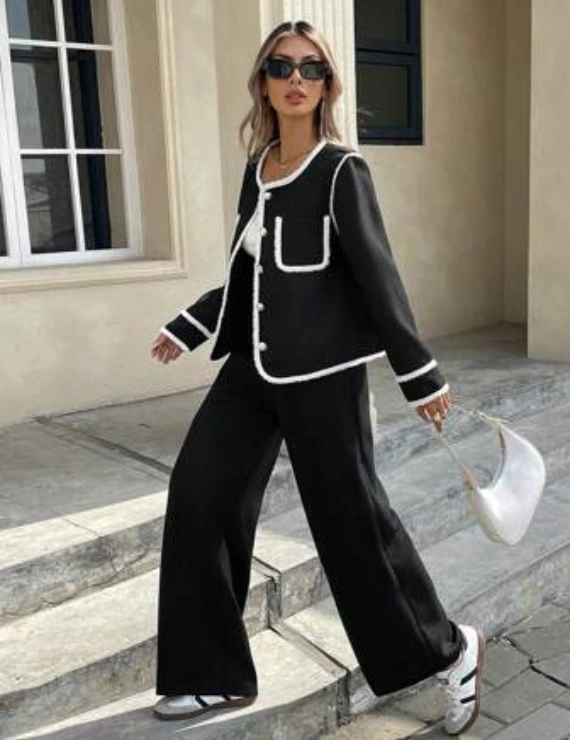 Frenchy Women 2-Piece Set: Splice Sweater Ribbon Decor Colour-Blocked Edges Long Sleeve Single Metallic Breasted Patch Pockets Jacket And Black Pants Textured Set