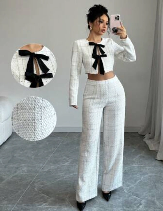 2pcs Set: Elegant Tweed Crew Neck Longsleeve Jacket With Bow Tie Waist Belt + Loose Straight Leg Zippered Pant