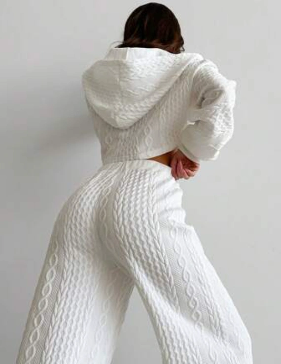 Aloruh 2pcs Women Sports Casual Outfit - Cropped Zip-Up Hoodie And Straight-Leg Pants, Textured Fabric