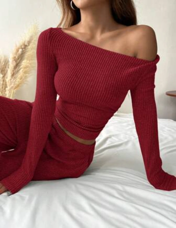 SHEIN EZwear Women Ribbed Scoop Neck Top And Loose Fit Pants Set