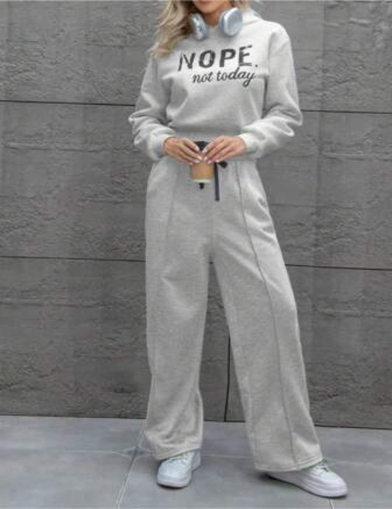 INAWLY Women's Simple Printed Hoodie And Long Pants Two-Piece Set,Ladies Spring/Fall Casual Drawstring,Pocket Long Sleeve Loose Grey Drop Shoulder Sweatpants