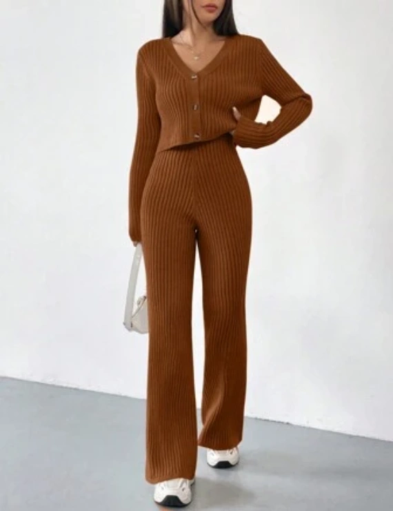 Autumn And Winter 2pcs/Set Women V-Neck Button Decor Contrast Color Long Sleeve Top And Knitted Long Pants Sweater Suit