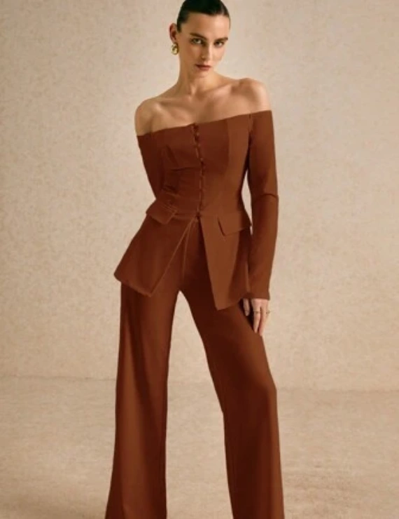 Poéselle Women's Solid Color Off Shoulder Long Sleeve Single Breasted Blazer And Pants Set, Autumn