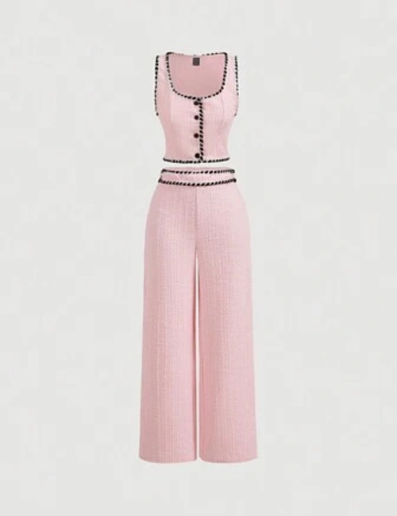 Pink And Black Colorblock Double-Breasted Vest And Pants, Workwear 2pcs/Set, College Style,Prom Set