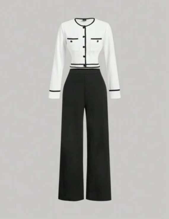SHEIN MOD Women's Round Neck Contrast Trim Long Sleeve Top And Straight Leg Casual Pants Suit