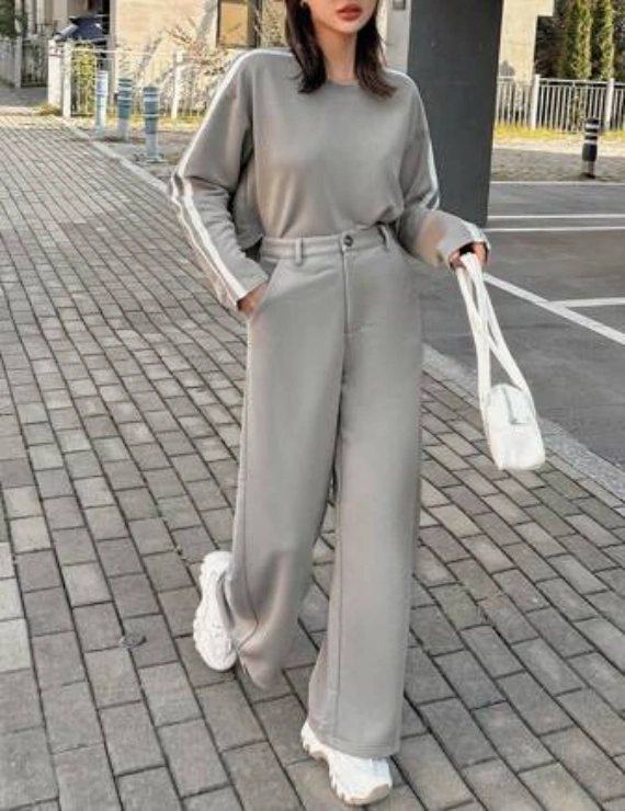 DAZY 2pcs/Set Crew Neck Dolman Sleeve Ribbon Hoodie & Wide Leg Pants Women's Casual Outfit